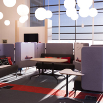 Modern office space with desk and chair.