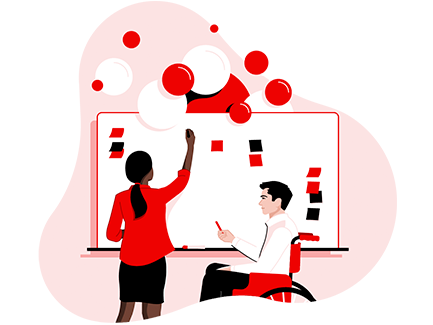 Two people collaborating on a whiteboard