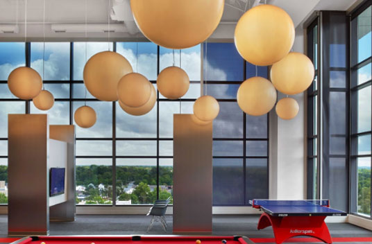 Red Hat building interior with ping pong table and pool table