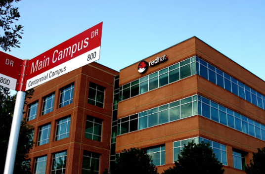 the red hat building with a road sign in the foreground