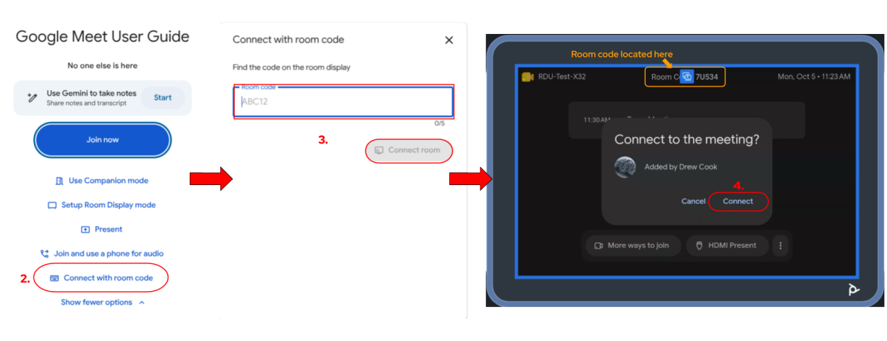 Visual steps to joing Google Meet via Room code
