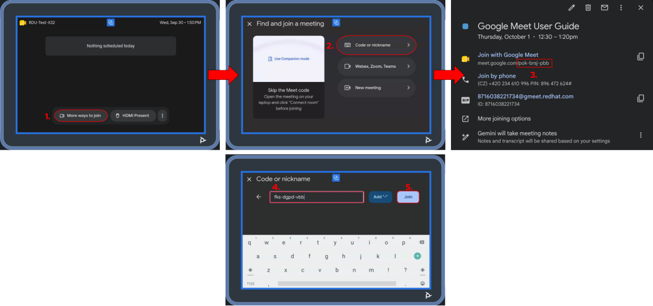 Visual steps to joing Google Meet via Meeting code