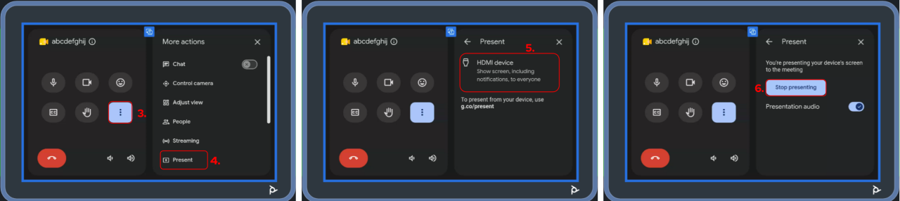 Visual steps for content sharing  via cable on a Google Meet call