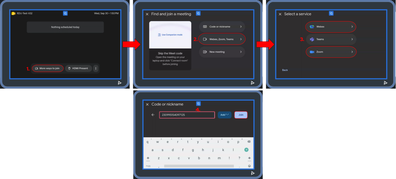 Visual steps for joining Webex/Zoom calls via meeting ID