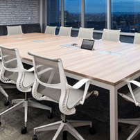 Modern conference room with city view.