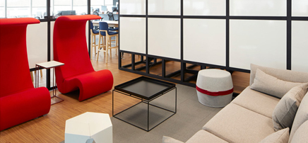 Red and white office nook.